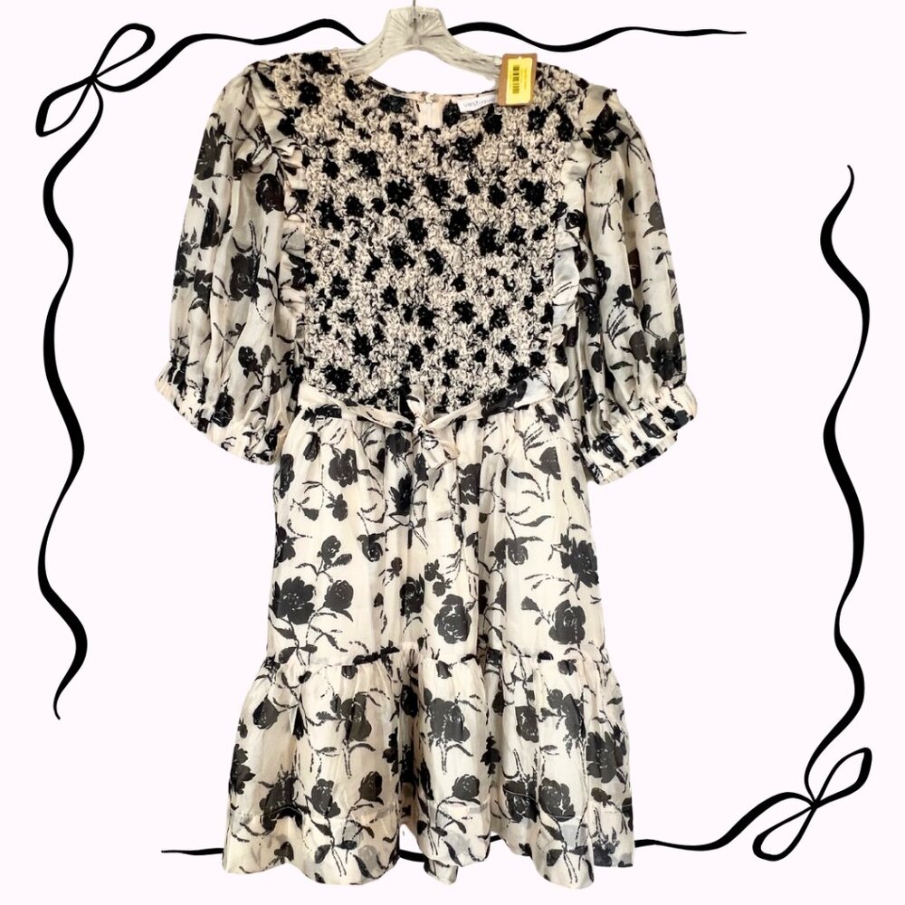 🖤NWT Large Vestique Black & Ivory Smocked Floral Dress w/Puff Sleeves